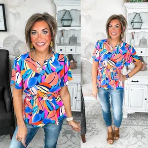 I Will Stay True Blouse - Royal Blue & Coral