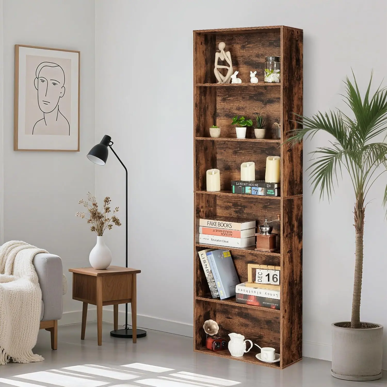 Gaomon Industrial 6-Shelf Rustic Brown Wood Bookshelf, 71in Tall Home Library Storage Unit, 250 Lb Total Weight Capacity Organizer for Home Office, Living Room
