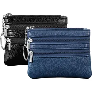 BYB3 2 Pack Coin Purse Pouch Change Card Holder Wallet with Keychain for Women and Men (Black & Light Purple)