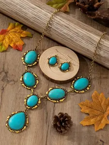 1 Set Vintage Bohemian Style Women's Carved Teardrop Turquoise Zinc Alloy Antique Gold Necklace And Earrings, Boho Jewelry Set, Suitable For Autumn/Winter Outfits, Daily Wear, And Holidays, Teardrop Jewelry Set
