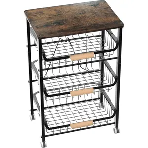 4-Layer Fruit Basket Kitchen Food Organizer and Rack, Stackable Storage Cart with Desktop, Pull-Out Hollow Metal Basket, Sliding Out Storage (Black 4-Layer Rack)