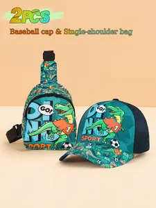 2PCS Boys' Baseball Cap with Football & Dinosaur Pattern & Matching Dinosaur Chest Bag, Stylish Trendy Outfit Set for Boys, Suitable for Daily Outings, Picnics, Family Travel, Ideal Gift for Son & Grandson