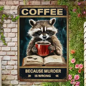 2D Flat, Funny Coffee Lover Gift - Vintage Raccoon Metal-like sign with "Because Murder Is Wrong" Quote - Retro Kitchen, Cafe, Home Office Decor - Easy Hang Pre-Drilled Holes - No Electricity Needed - by 2D FlatYNLLOOFE, Cafe Decoration, Wh 1Pc