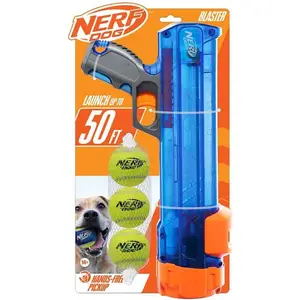 Nerf Dog Tennis Ball Blaster Dog Toy Gift Set Tennis Ball Dog Fetch Toy Launches up to 50 ft Dog Ball Thrower for All Breeds Includes Translucent Blue Tennis Ball Launcher and 3 Dog Tennis Balls