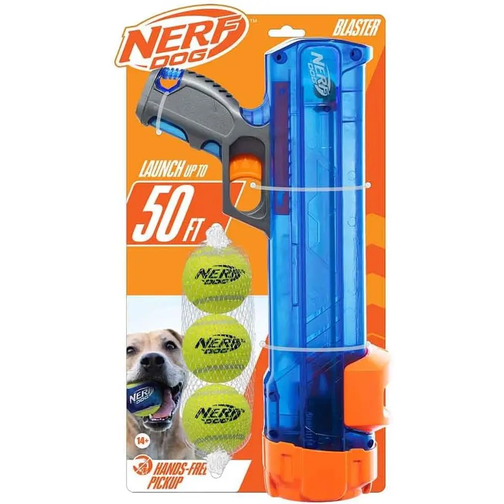 Nerf Dog Tennis Ball Blaster Dog Toy Gift Set Tennis Ball Dog Fetch Toy Launches up to 50 ft Dog Ball Thrower for All Breeds Includes Translucent Blue Tennis Ball Launcher and 3 Dog Tennis Balls