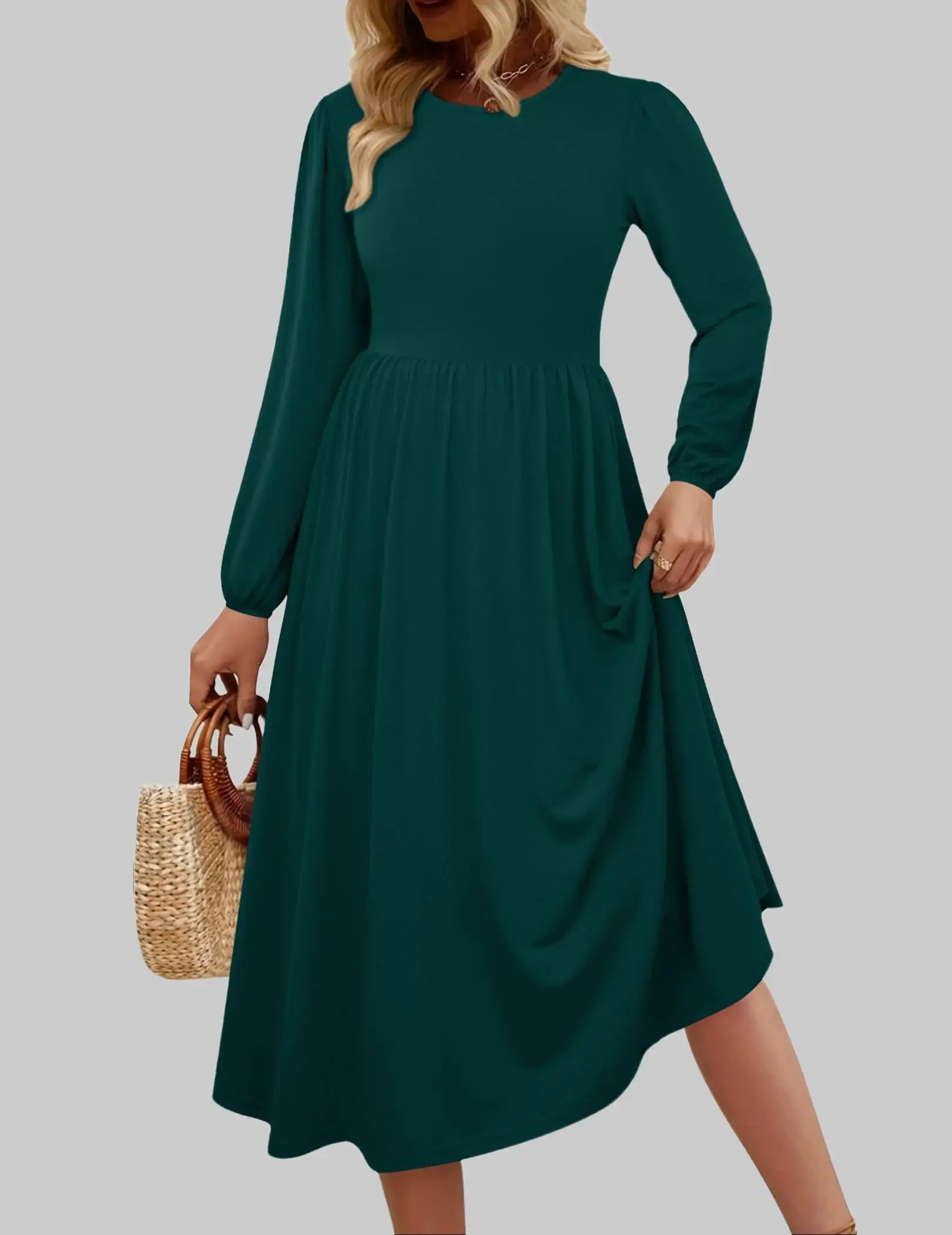 ZEAGOO Women's Casual Round Neck Long Puff Sleeve A-Line Midi Dress Boho Style with Pockets Good Drape for Evening Wedding Guest