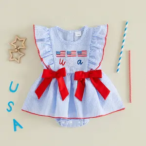 Infant Baby Girls 4th of July Romper Dress Flag Letter Embroidery Short Sleeve Striped Bodysuit 0-18 Months