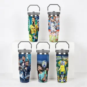 1pc 30oz stainless steel insulated cup, Water bottles, featuring the football star Neymar theme, double-layer vacuum insulated, Keeps Hot/Cold, straw and a handle, outdoor camping and as a gift for Brazilian national team fans