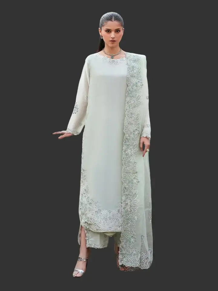 Pakistani Clothes for Lady, 3-Piece Metallic Silk Shirt & Palazzo Pants Set with Sequined Embroidery, Matching Stitched Organza Dupatta, Sparkly, Women