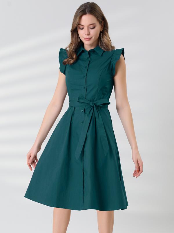 INSPIRE CHIC Women's Cotton Shirtdress Ruffled Sleeve Tie Waist Button Casual Office Dress, Dark Green