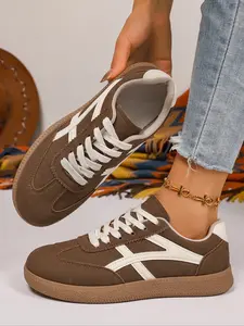 Women's Vintage Casual Thick Sole Trainers, College Style Lace-Up Athletic Sports Sneakers, New Arrival, All Seasons, PU Leather, Rubber Sole, Sports Shoes, Walking Shoes