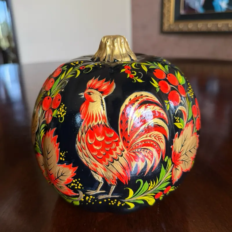 Hand-Painted Rooster Pumpkin, Fall & Thanksgiving Decor, Folk Art Decorative Pumpkin