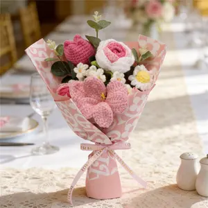 An exquisite, handcrafted knitted yarn bouquet featuring floral elements such as roses and tulips—perfect for graduation season and Valentine's Day.