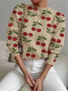 Women's Cherry Fruit Print Stand Collar Sweater, Fall Winter Casual Long Sleeve Knitwear, Comfortable Warm Daily Wear