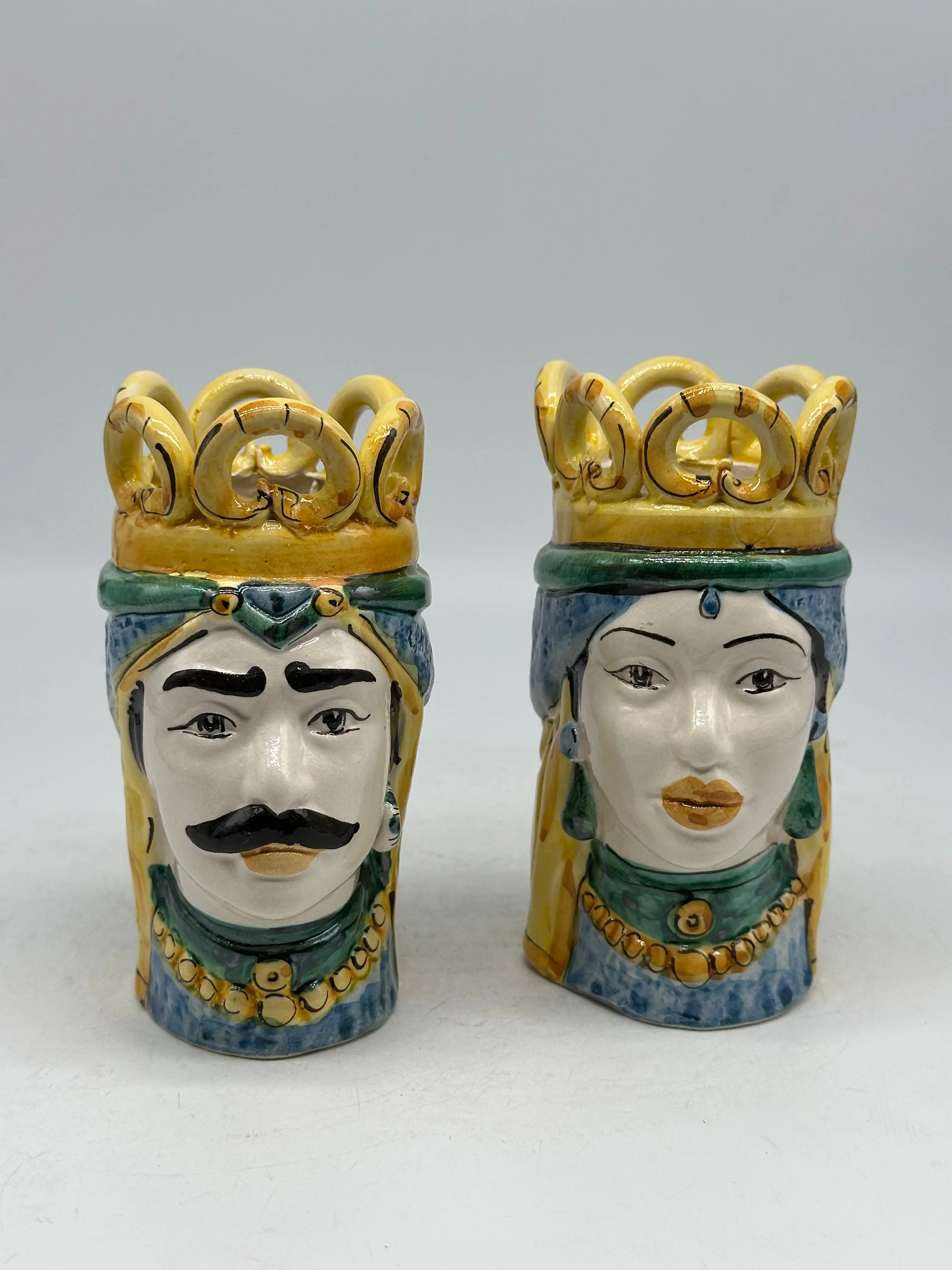 Pair of Moor's Heads Crown Caltagirone Ceramic cm H.15 L.7 Handcrafted Traditional Coloring