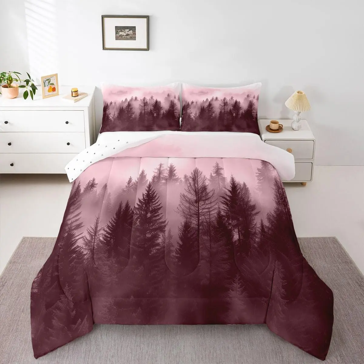 Mountain Comforter Set Foggy Mountain Bedding Set Pink Purple Duvet Quilt Bedroom Tree Decor Microfiber Ultra Soft Breathable