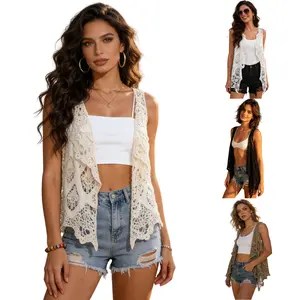 JovenPara Women's Oversized Open-Front Crochet Knitwear Vest Cardigan - Casual Bohemian Hippie Butterfly Coverup for Summer Beach, Beige Basic