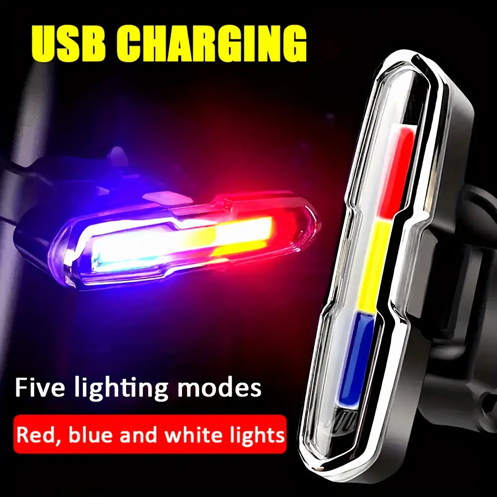 COB Triple-Color USB Rechargeable Bicycle Taillight (Red/Blue/White) - 5 Modes, Long-Lasting Battery, Easy Mount Post, Power Bank Compatible for Night Cycling Sports & Outdoor Use, Five Modes