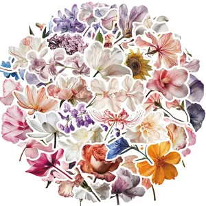 Flower Pattern Sticker, 50pcs/set Waterproof Self Adhesive Decor Paper, Decor Sticker for Gift Greeting Card & Water Bottle & Laptop, Ornaments