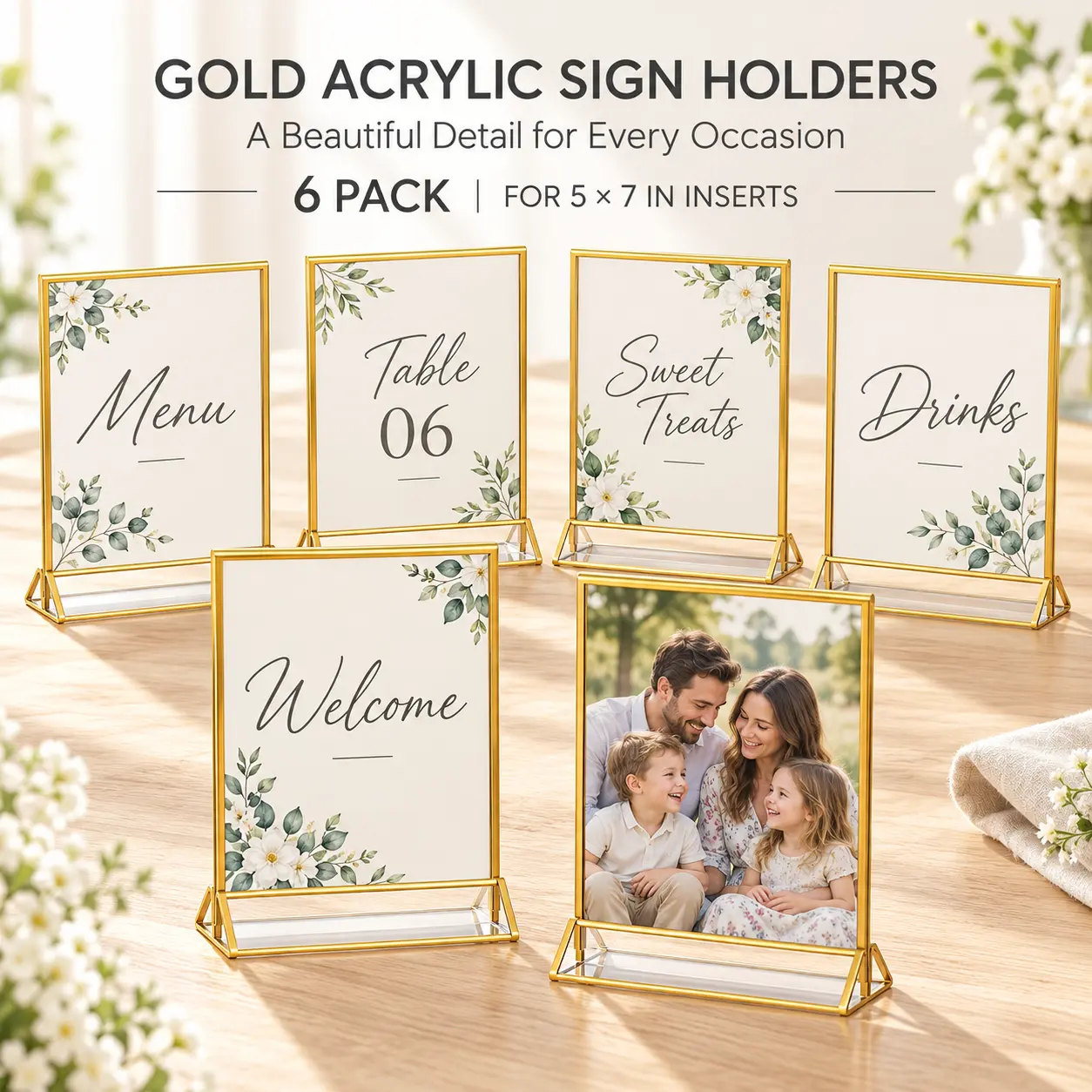 MaxGear 4x6 Gold Acrylic Sign Holders, 12 Pack Double-Sided Table Number and Photo Frames with Detachable Bases, Restaurant Menu Holders for Weddings and Events