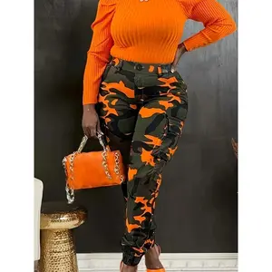 Women's Casual Camouflage Print Cargo Pants, Polyester High Waist Pockets Button Zipper, Non-Stretch Woven Fabric, All Season Adult Wear Sexy Underwear