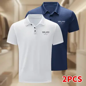 Men’s summer two-piece set featuring a stylish, minimalist letter-print short-sleeve top—comfortable for family leisure and outdoor activities; elastic, breathable polo golf shirt.