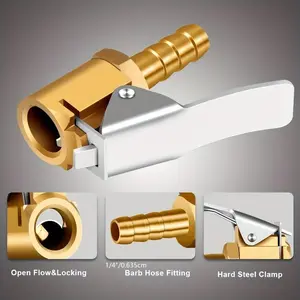 1/4" Brass Tire Inflator Lock On Air Chuck, Mini Air Compressor Portable Tire Inflator Tire Chuck Hose End With Barb Connector For Hose Repair