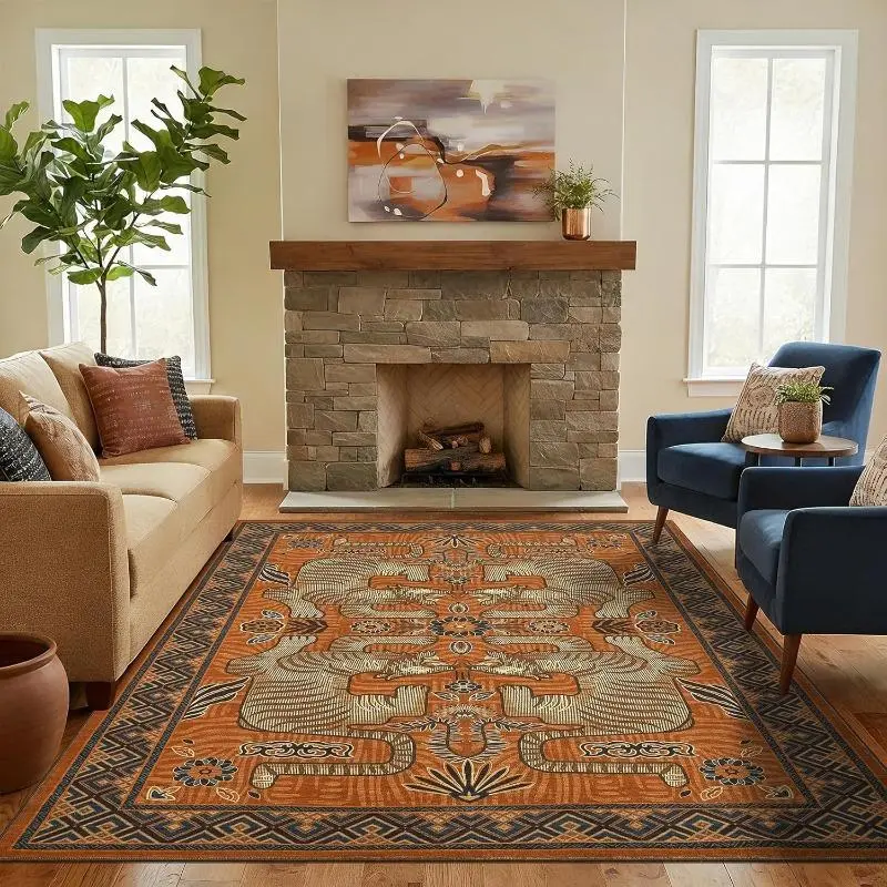 Vintage Tribal Animal Print Living Room Carpet Non-slip Machine Washable Sofa Coffee Table Floor Mat Tibetan Bedroom Soft Rug