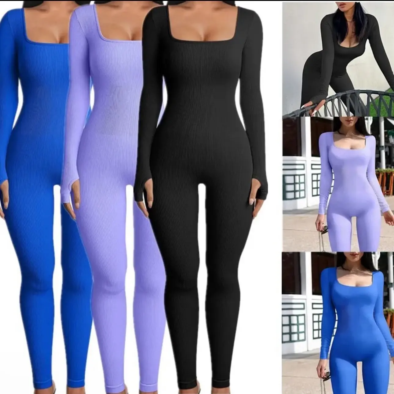 Women's 1 Piece Solid Long Sleeve Ribbed Sports Shapewear Bodysuit, Matching Sports Going out Playsuit, Square Neck High Stretch Tummy Control Long Sleeve Jumpsuits, Workout Gym Yoga Exercise Clothing for Women, Black Friday Deal Fabric Womenswear