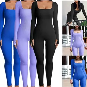 Women's 1 Piece Solid Long Sleeve Ribbed Sports Shapewear Bodysuit, Matching Sports Going out Playsuit, Square Neck High Stretch Tummy Control Long Sleeve Jumpsuits, Workout Gym Yoga Exercise Clothing for Women, Black Friday Deal Fabric Womenswear