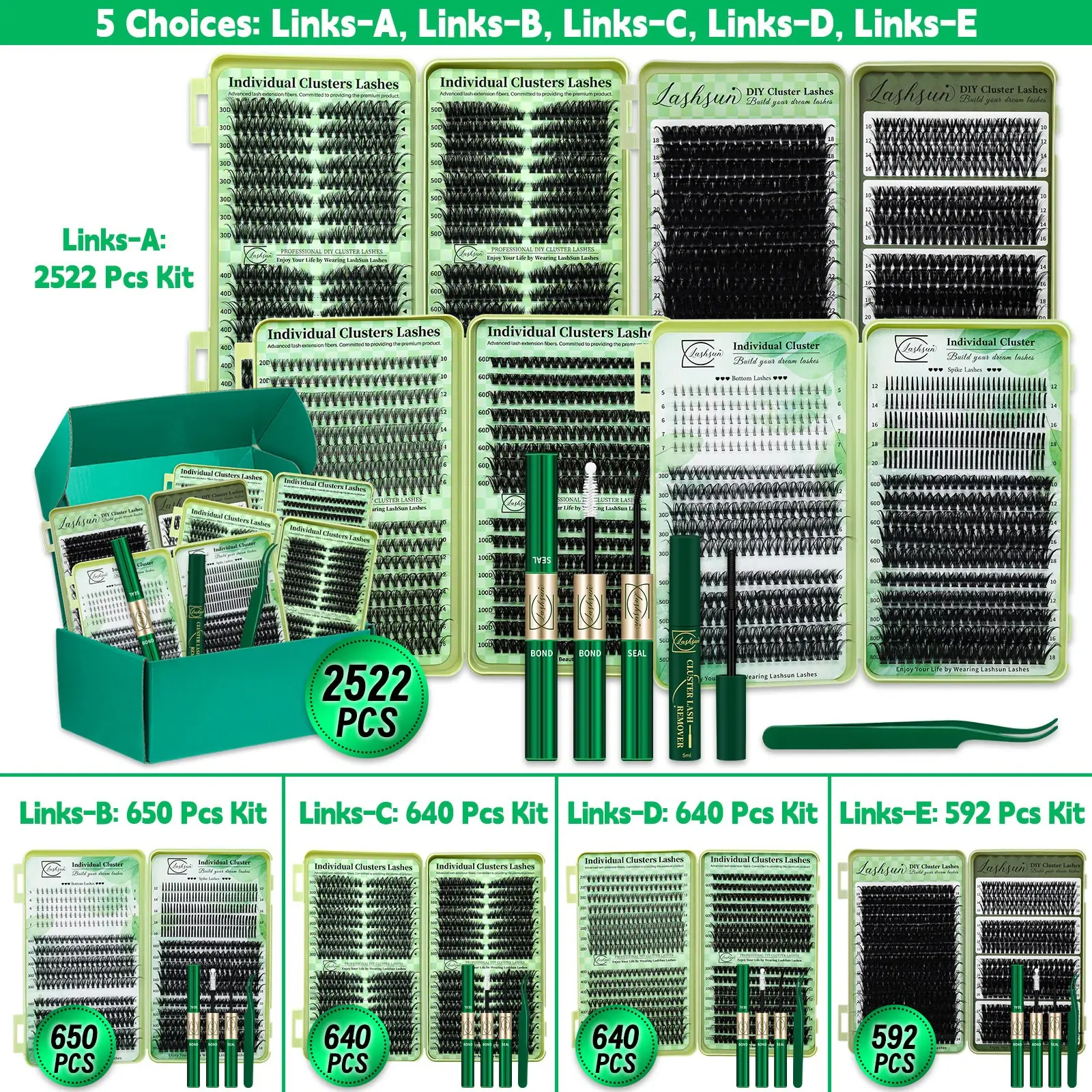 2522/650/640 Pcs Lash Clusters Kit, Eyelash Extensions Set, D Curl Mixed Length 14 Styles Spike/Wispy/Volume Lashes, Kit with Bond&Seal Tweezers, Beginner Friendly Lashes, For Beginners, DIY at Home Easily, Easy Apply for Makeup Daily