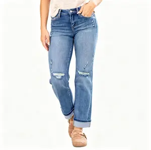 Women's Button-Accented Ripped Mid-Waisted Boyfriend Jeans, Loose Fit Distressed Stretchy Denim Pants