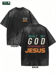 "Built By God Powered By Jesus Graphic Tee | Washed Black Cotton Colorful Letter Print Oversized Christian Streetwear T-Shirt for Men Women Faith Statement Wear"