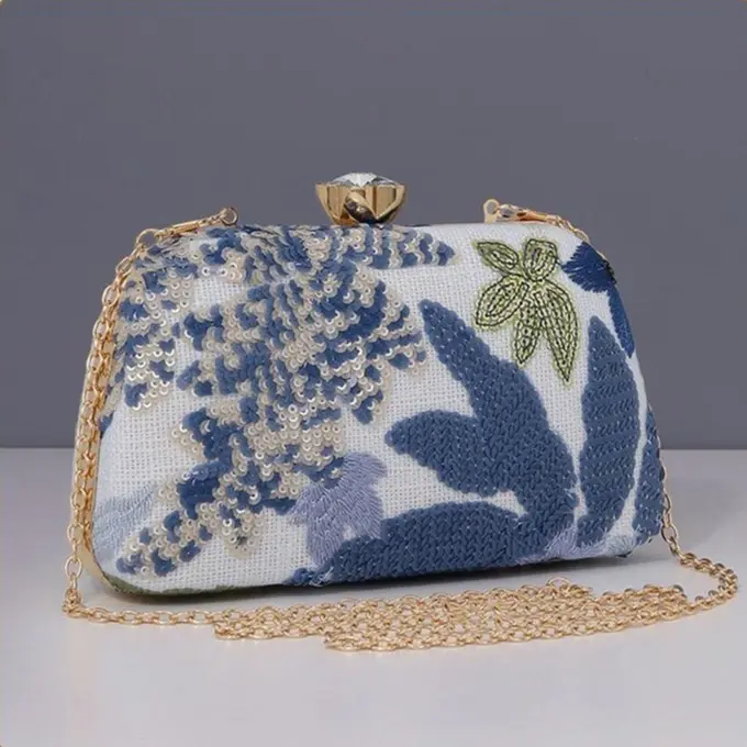 Blue White Floral Embroidered Sequin Hard Shell Evening Shoulder  Clutch for Women, Elegant Rhinestone Clasp Formal Handbag with Chain, Vintage Botanical Beaded Bridal Wedding Purse, Luxury Cocktail Party Prom Crossbody Clutch Bag