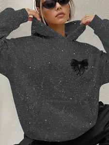 Autumn Winter Fashion Sequins Knit Hoodie, Casual Fitted Long Sleeve Sweatshirt, Versatile Moderate Fabric, Trendy Women's Clothing Tops, Womenswear