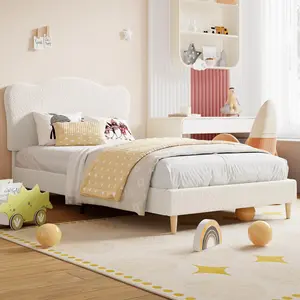 White Twin Bed Frames for Kids,Upholstered Toddler Twin Bed Platform with Adjustable Headboard,Wood Slats,Children Bedroom Furniture for Boys,Girls,No Box Spring Needed