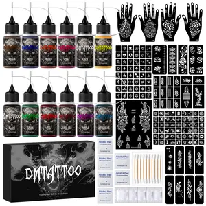 DM Temporary Tattoo Kit 12 Bottles Color Temporary Tattoo Ink, 176 Pcs Stencils Kit for Body Paint DIY Fake Tattoos for Kids Boys