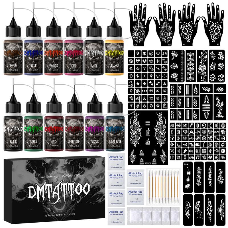 DM Temporary Tattoo Kit 12 Bottles Color Temporary Tattoo Ink, 176 Pcs Stencils Kit for Body Paint DIY Fake Tattoos for Kids Boys