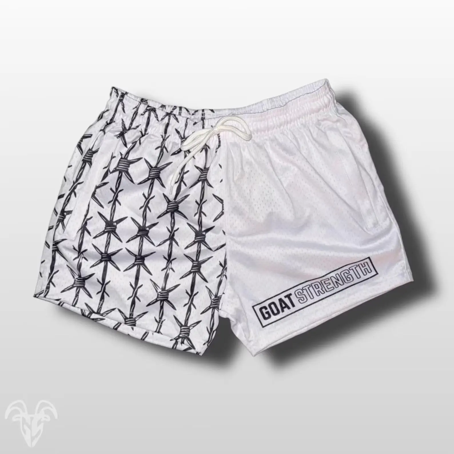 Goat Strength Half Barbed Wire Half Black Shorts - 5 Inch Inseam, Breathable Elastic Workout Gym camouflage Shorts - Zipper Pockets