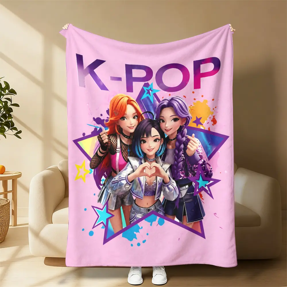 Cute Pink K-Pop Girl Group Anime Throw Blanket, Soft Flannel Blanket for Kpop Fans, Perfect Kpop Merch Gift for Teen Girls