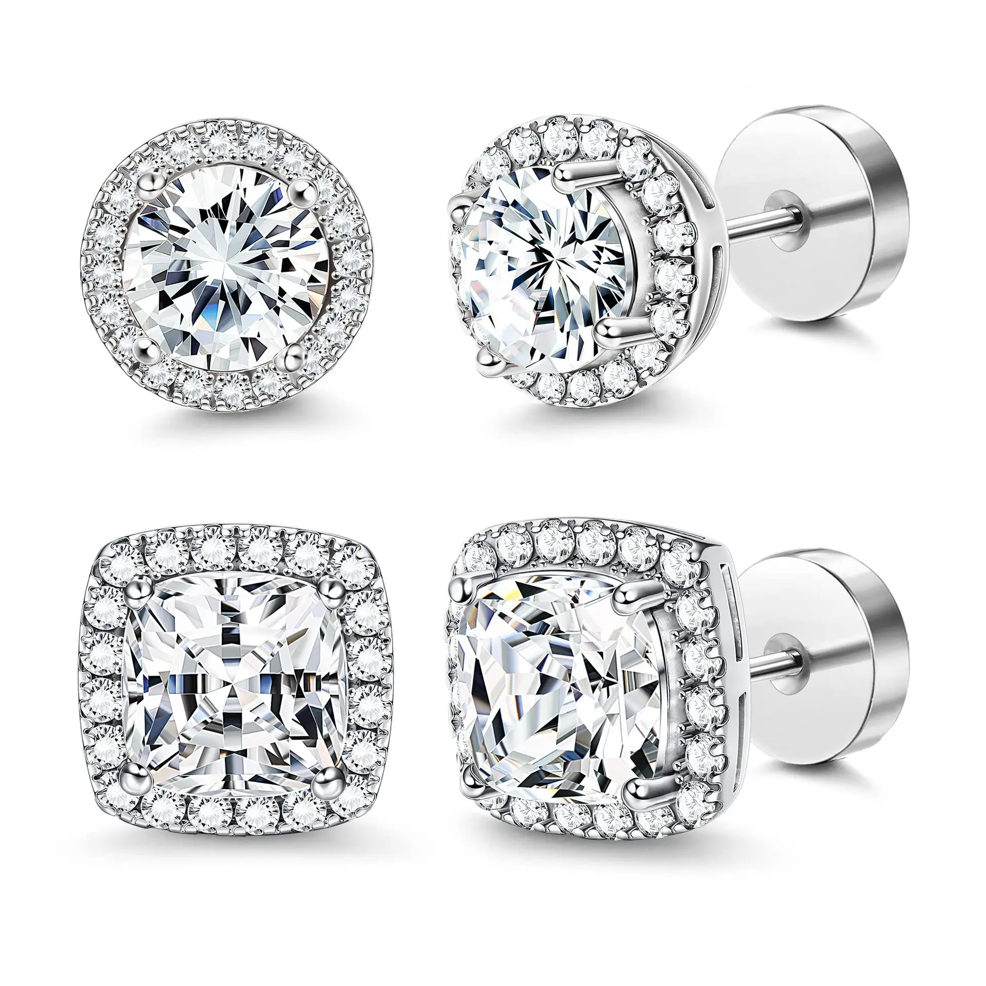 4 Pairs CZ Stud Earrings for Women, Gold & Silver Tone Round Square Earrings, Hypoallergenic Cubic Zirconia Earrings Set, Gift for Her