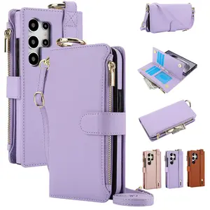 Multi-functional Protective Phone Case Cover with Card Slot & Zipper, 1 Set Wallet Design Phone Case with Crossbody Lanyard, Phone Accessories for Samsung Galaxy S24 S23 S22