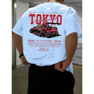 Men's Regular Fit Car & Letter Print Round Neck Tee – Casual Short Sleeve T-Shirt, Tropical Streetwear for Daily Wear