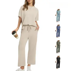 Two Piece Sets for Women Summer Outfits Oversized Wide Leg Crop Pants Lounge Sets Airport Beach Vacation Clothes|(Size Up 1-2 for Oversized Look) Casual Shortsleeve