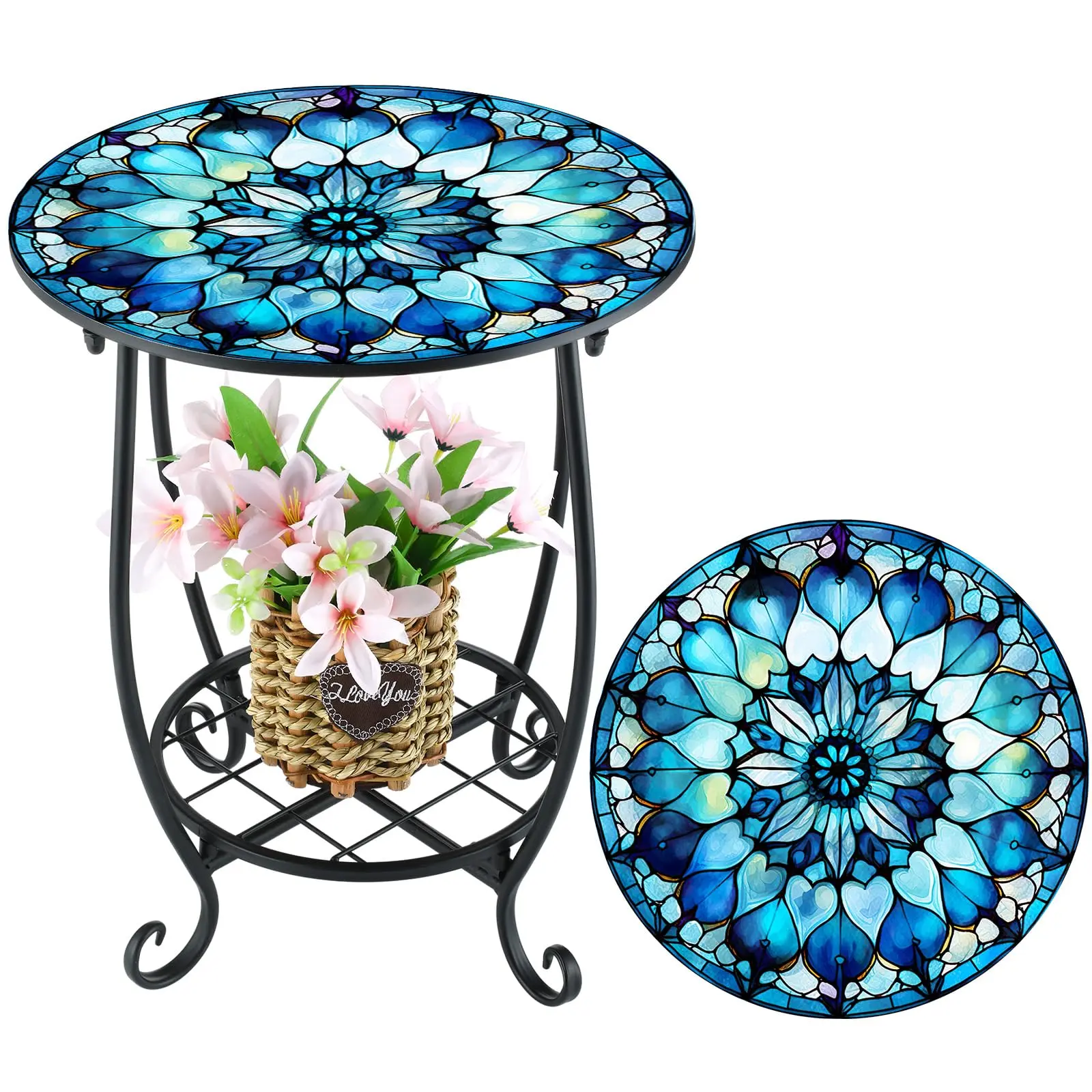 Outdoor Side Table Small End Patio Porch Table | Round, Mosaic, Outdoor, Side, Small, Accent, Plant Coffee Tea Table for Yard, Patio, Porch, Garden, Living Room, Bedroom