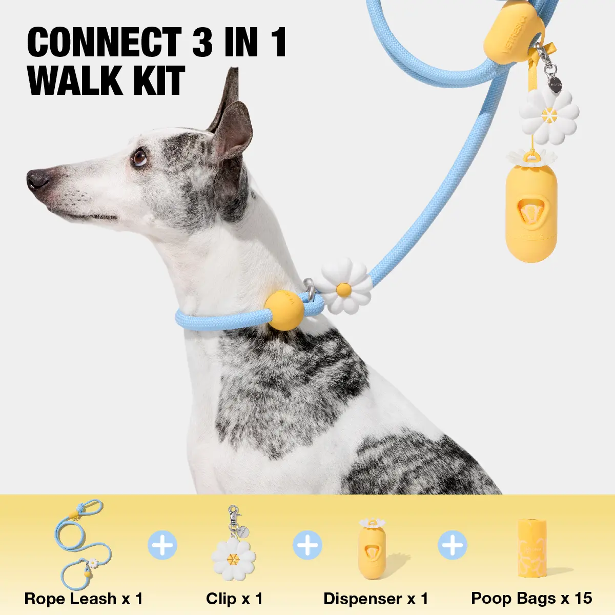 VETRESKA Hands-Free Dog Leash, 8FT Adjustable Rope Leash for Medium Large Dogs, Waist/Crossbody Slip Lead Leashes for Walking, No Pull Dog Leashes with Bag Dispenser, Clip, 3 in 1 Walk Kit