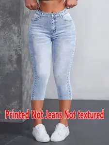 Women's Printed Tight-Fitting Pants, Non-Denim Fabric, Seven-Inch Leggings, Faux Denim Print, All-Season Wear, Comfortable and Stylish