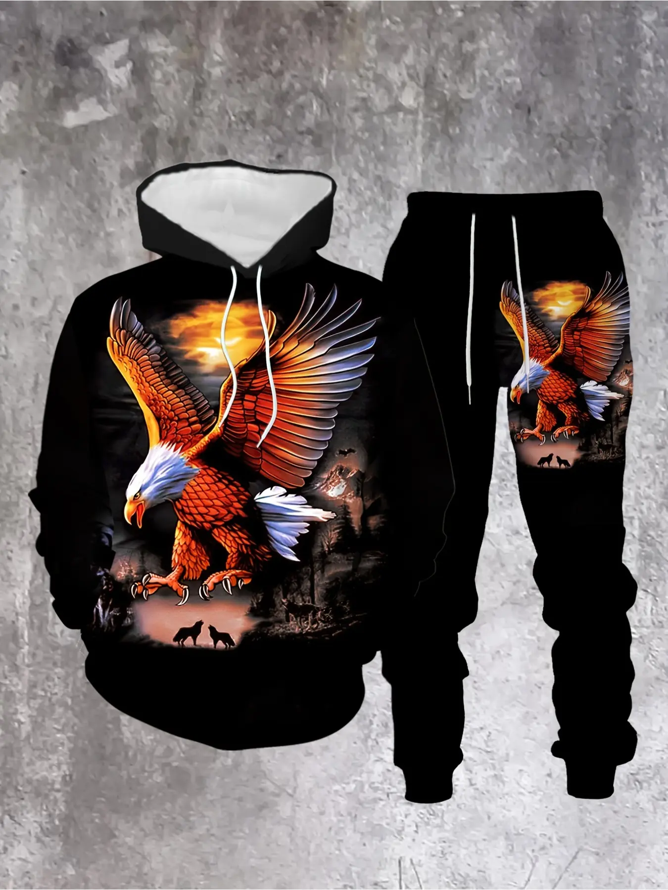Outdoor Eagle Pattern Men's Hoodie and Sweatpants Two-piece Winter Dress