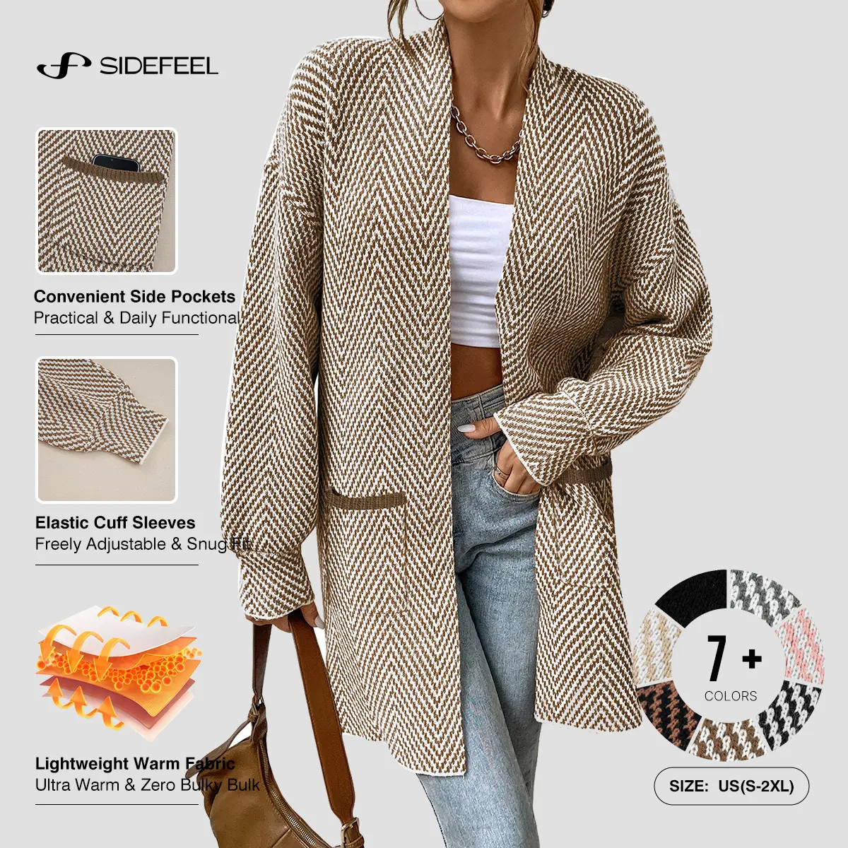 Sidefeel Women's Open Front Chevron Cardigan Sweaters | Soft Chunky Knit, Long Sleeve Colorblock Cardigans, Oversized Sweater Coat with Pockets, 2026 Fall Outfits, Casual Daily Wear