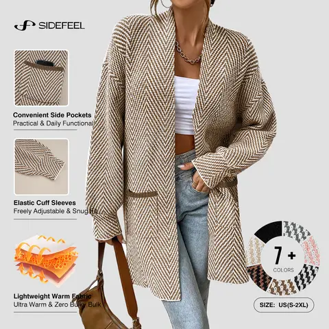 Sidefeel Women's Open Front Herringbone Cardigan Sweaters | Soft Chunky Knit, Long Sleeve Colorblock Cardigans, Oversized Sweater Coat with Pockets, 2026 Fall Outfits, Casual Daily Wear